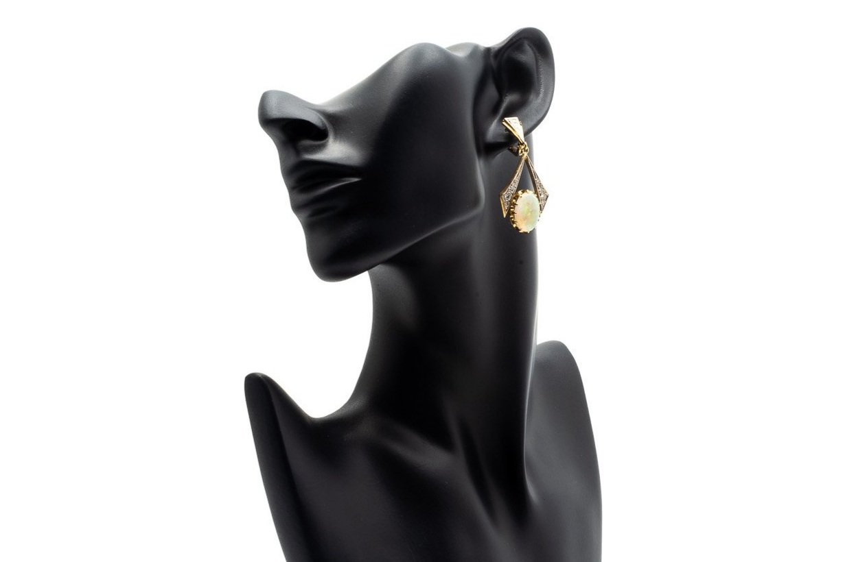 (F)White Yellow Gold White Opal Diamond Drop Dangle Stud Earrings