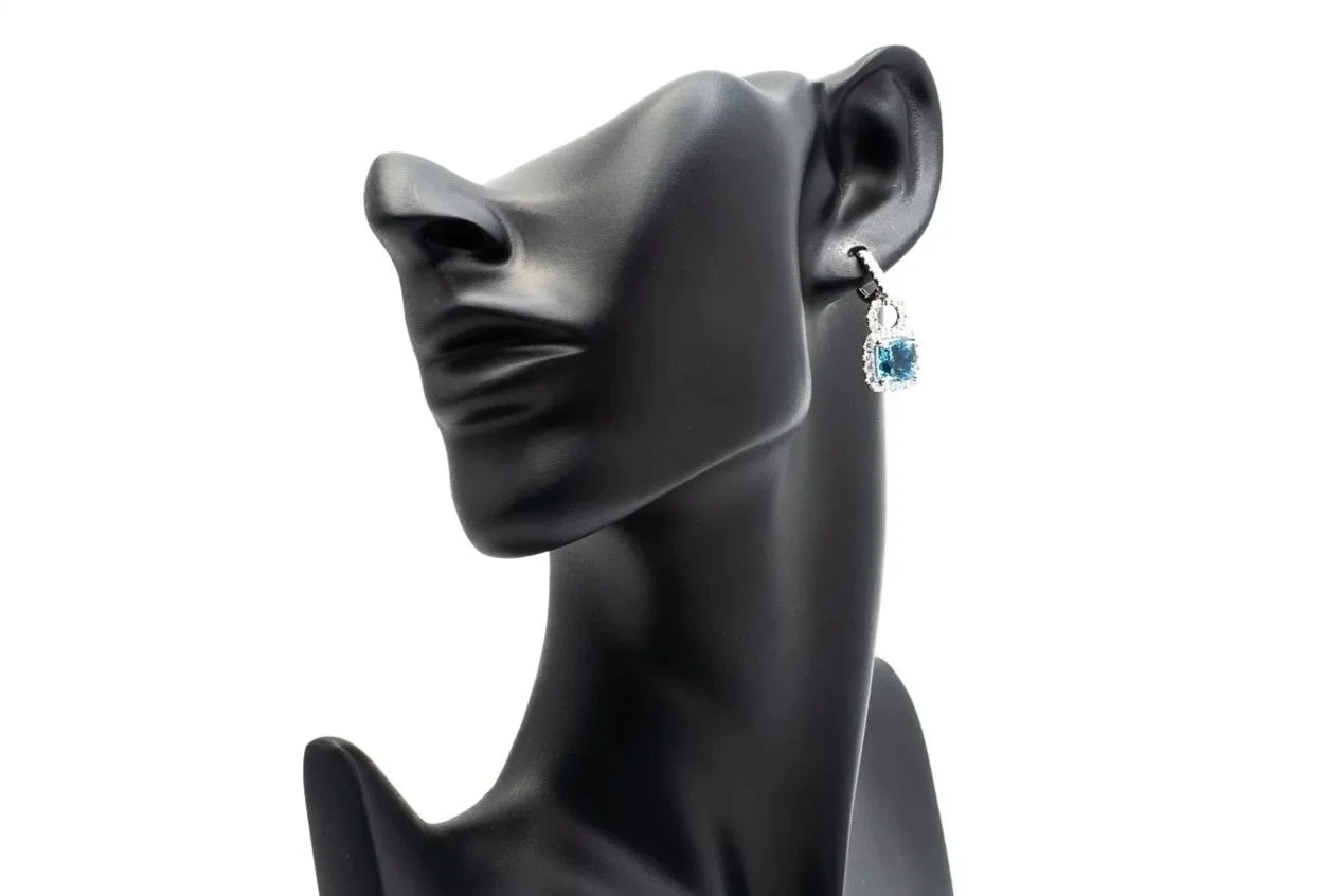 (F)White Gold Diamond Aquamarine Drop Dangle Lever Back Simon G Stud Earrings