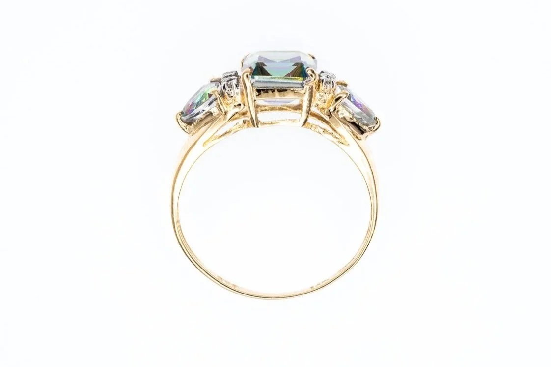 (F)Yellow Gold Diamond Mystic Topaz Gemstone Ring