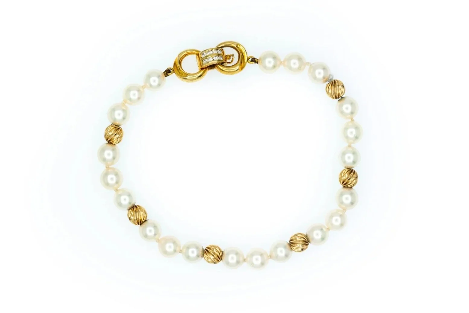 (T)Yellow Gold Corrugated Beads Diamond Akoya Cultured Pearl Bracelet