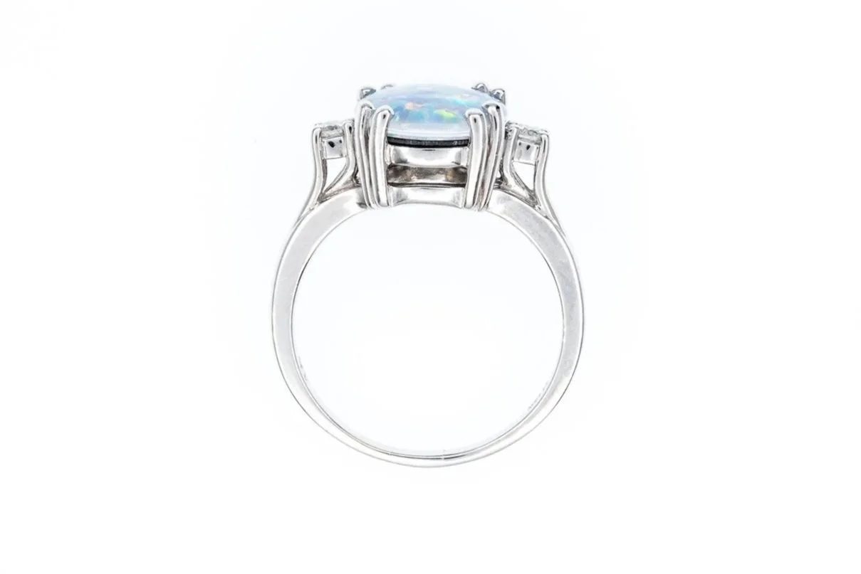 (F)White Gold Diamond Opal Triplet Gemstone Ring