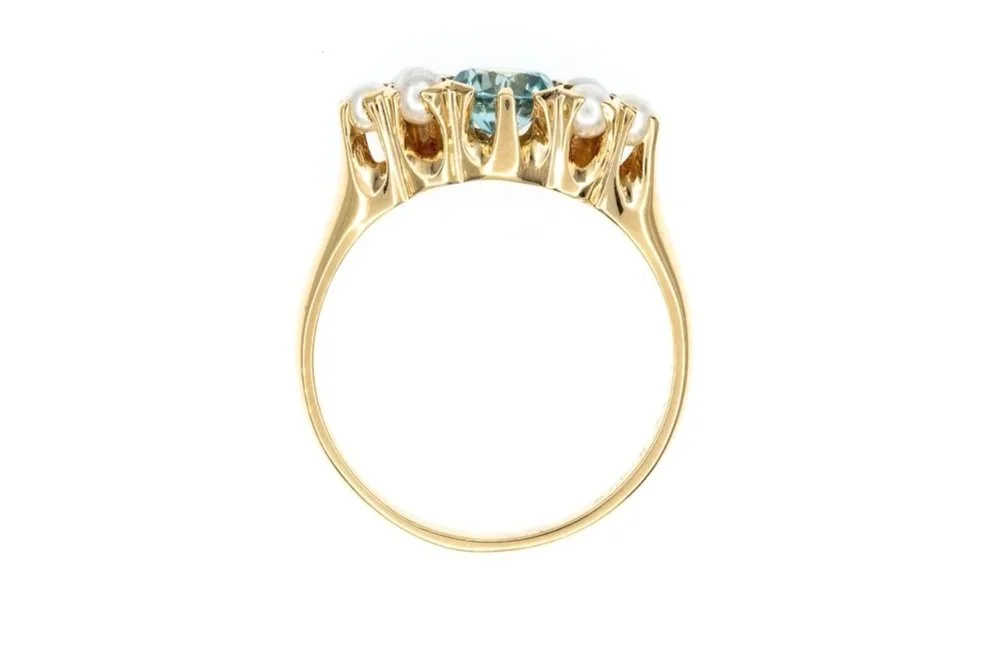 (F)Yellow Gold Seed Pearl Blue Zircon Birks Designer Cluster Ring