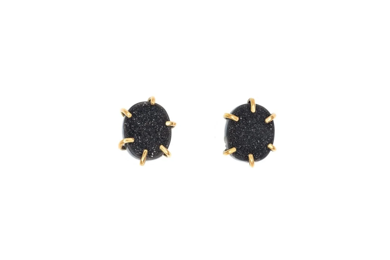 (T)Yellow Gold Solitaire Black Onyx Druzy Stud Earrings