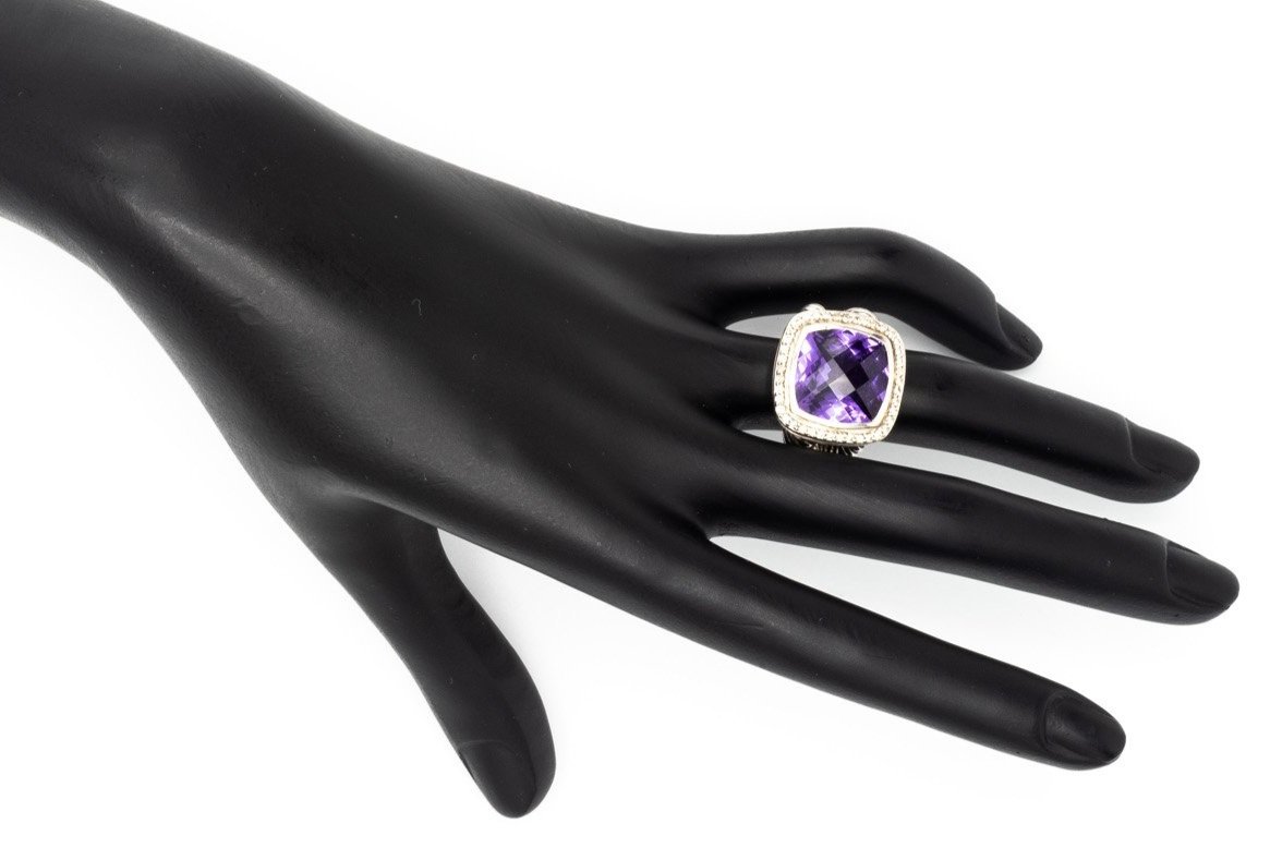 (H)Sterling Silver Round Brilliant Cut Diamond Amethyst David Yurman Ring