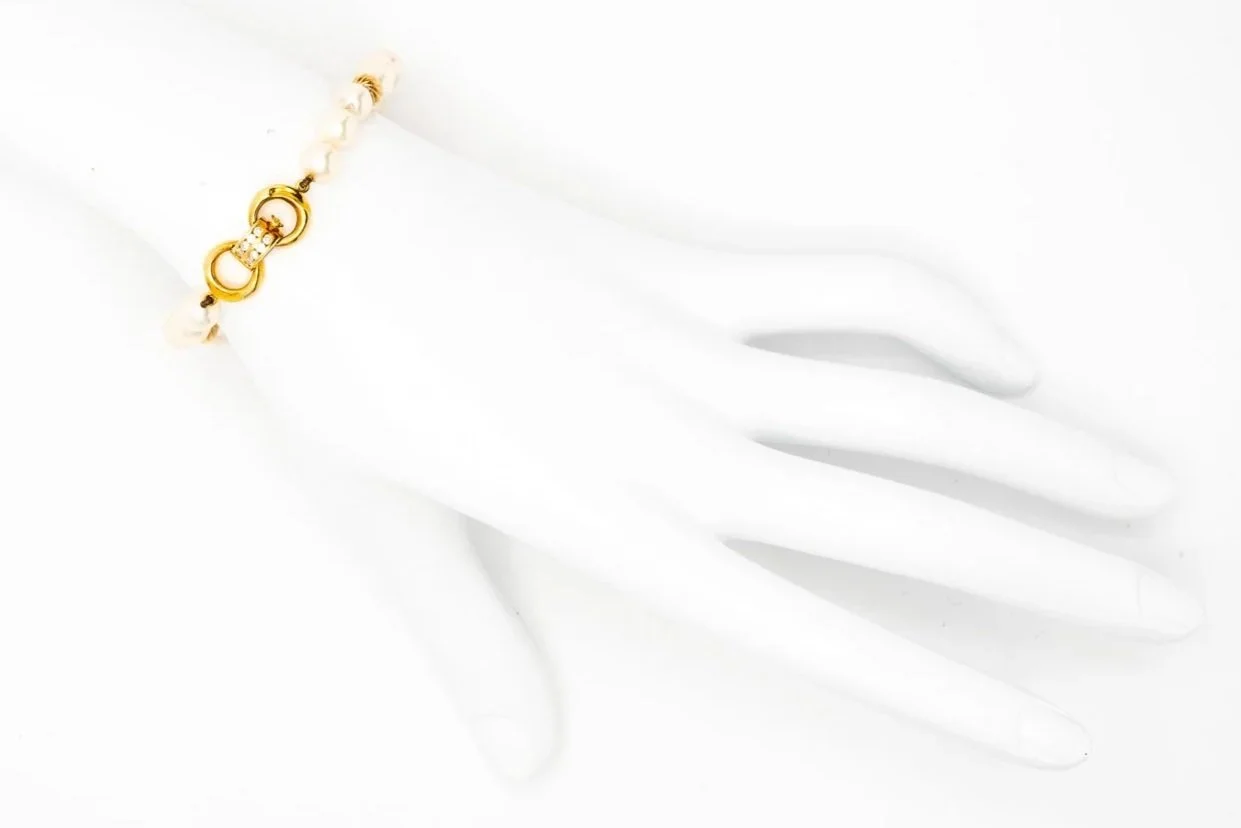 (H)Yellow Gold Corrugated Beads Diamond Akoya Cultured Pearl Bracelet