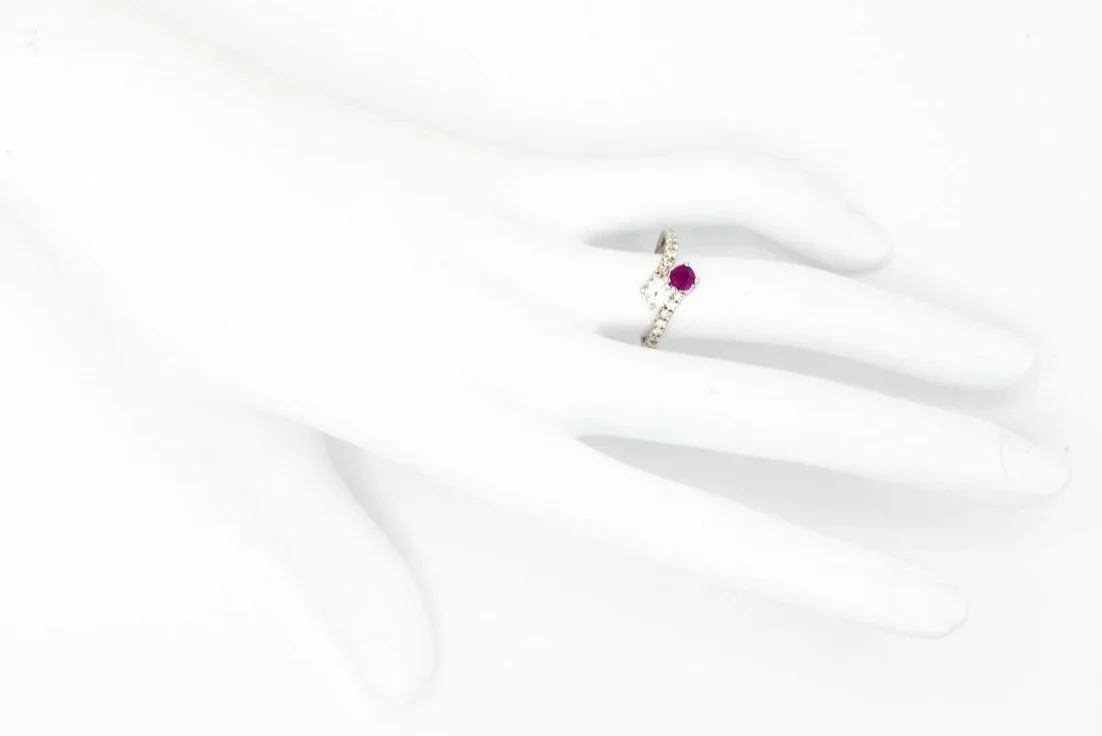 (H)White Gold Diamond Ruby Bypass Gemstone Ring