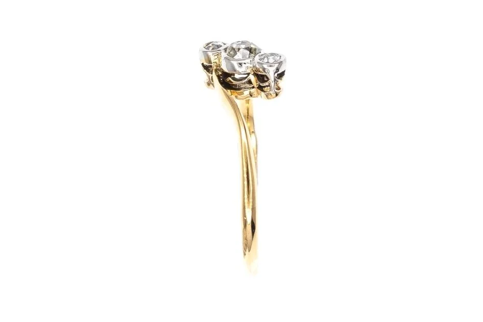 (S)Yellow White Gold Old Mine Cut Antique Three Stone Multi Diamond Ring