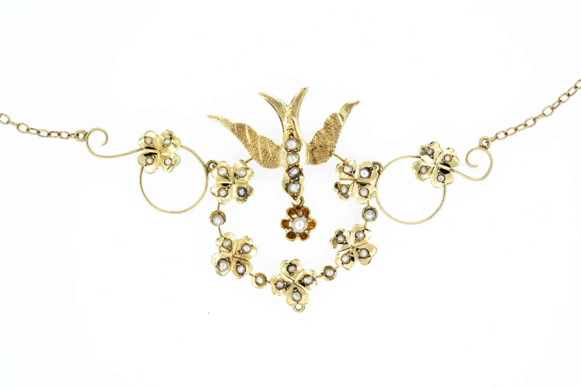 (T)Yellow Gold Seed Pearl Birks Floral and Bird Motif Pendant