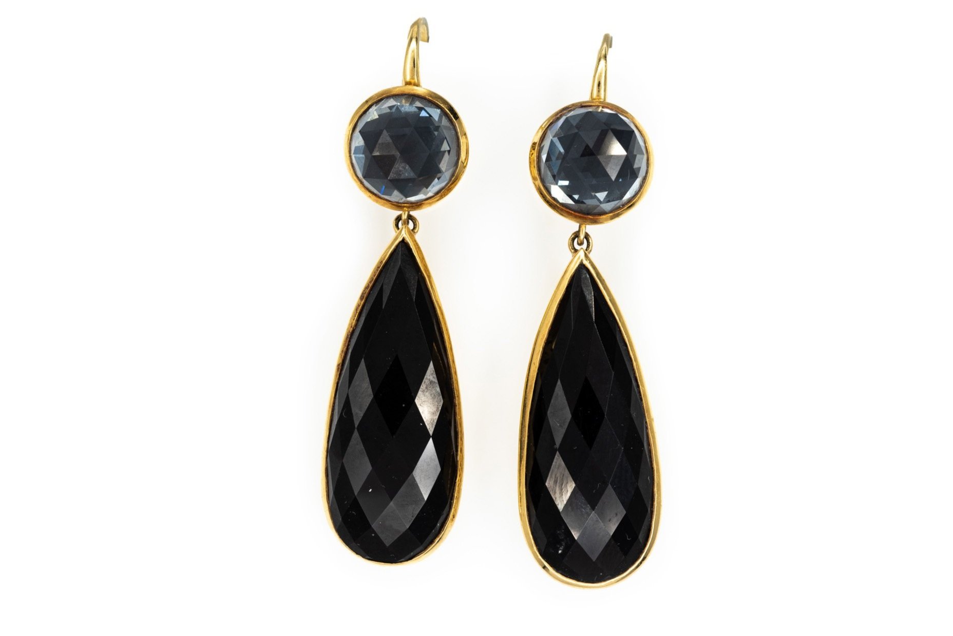 (T)Yellow Gold Black Onyx Hematite Doublet Drop Dangle Shepherd Hook Earrings
