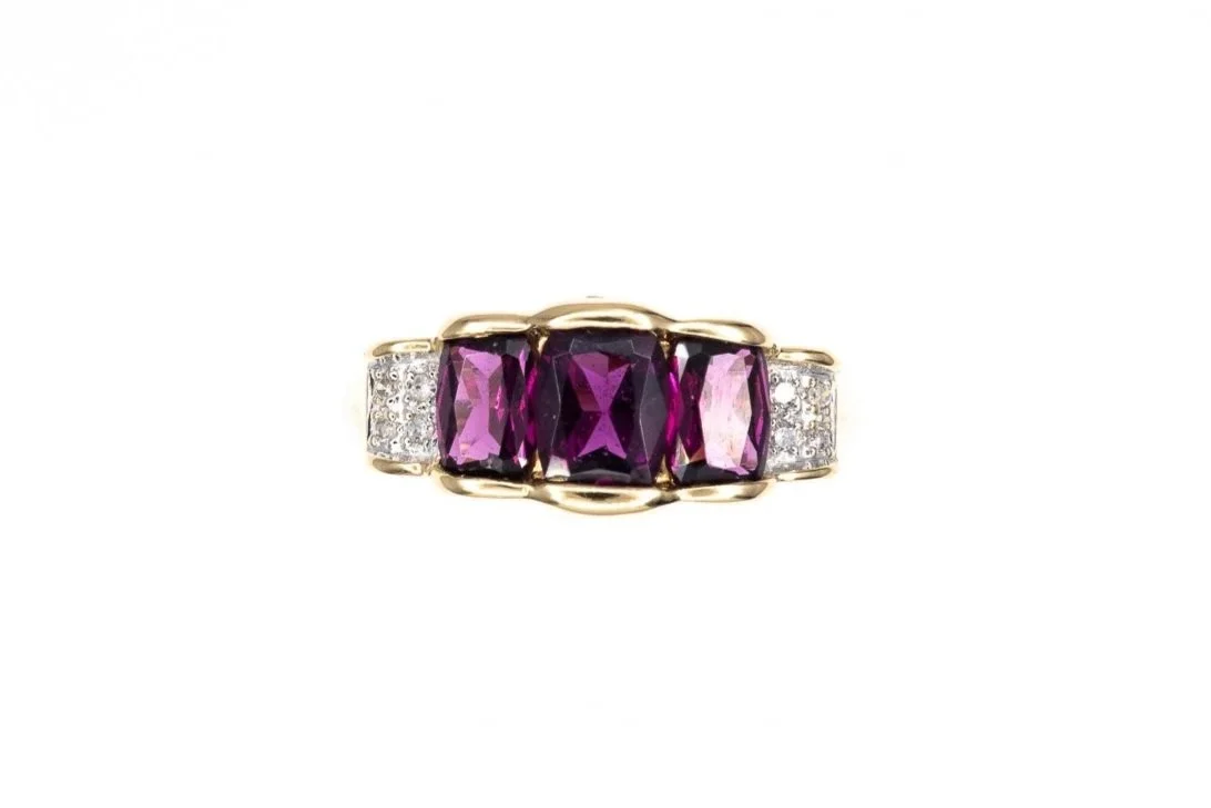 (T)Yellow Gold Diamond Rhodolite Garnet Gemstone Ring