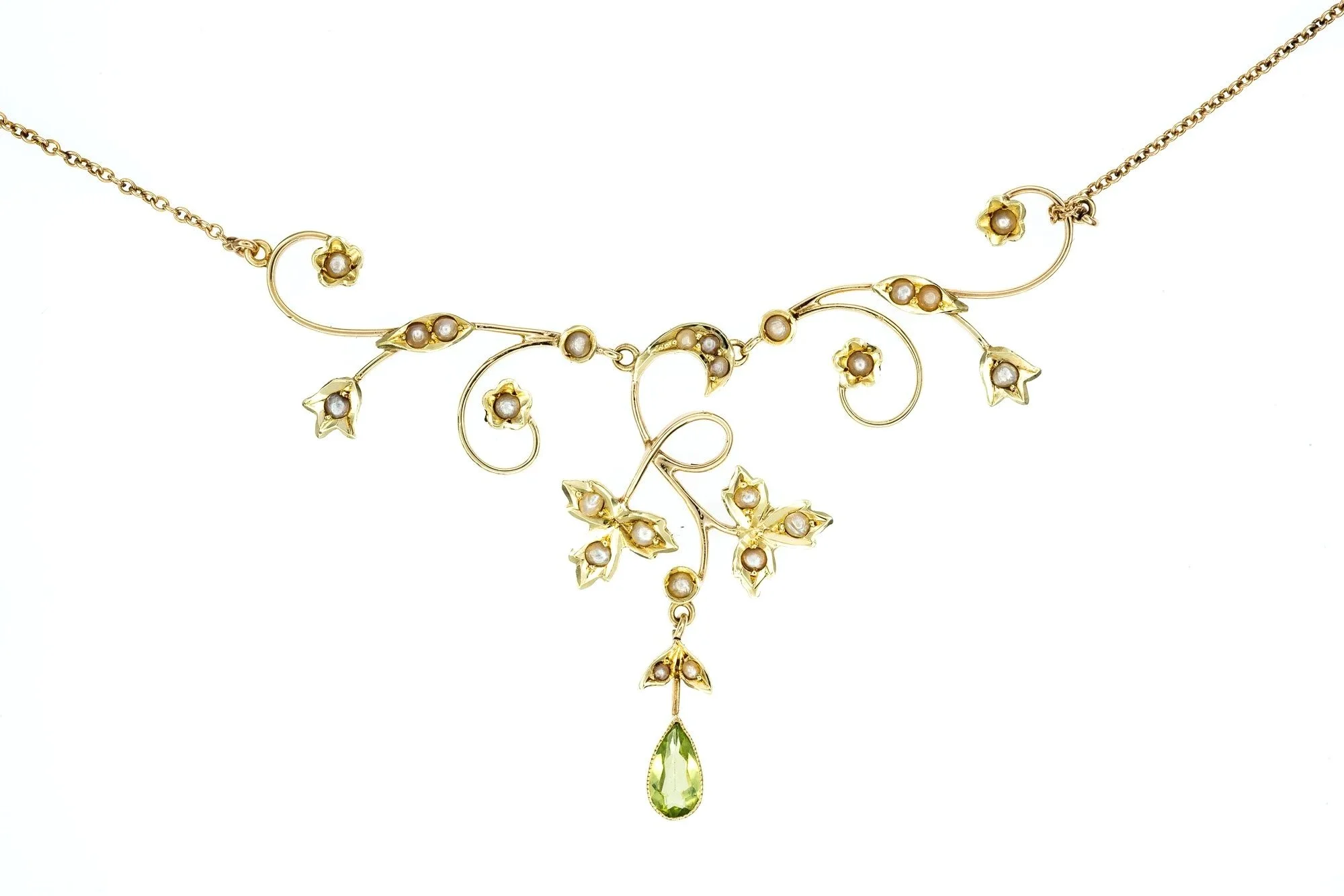 (T)Yellow Gold Seed Pearl Peridot Floral Pendant