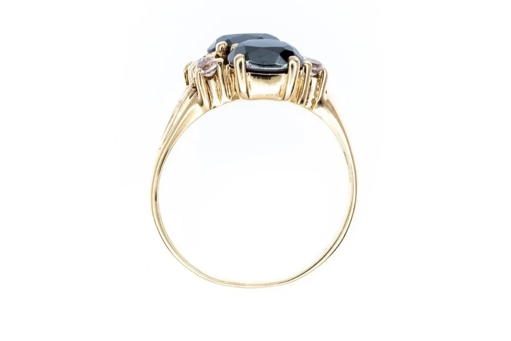 (F)Yellow Gold Synthetic White Spinel Hematite Gemstone Ring