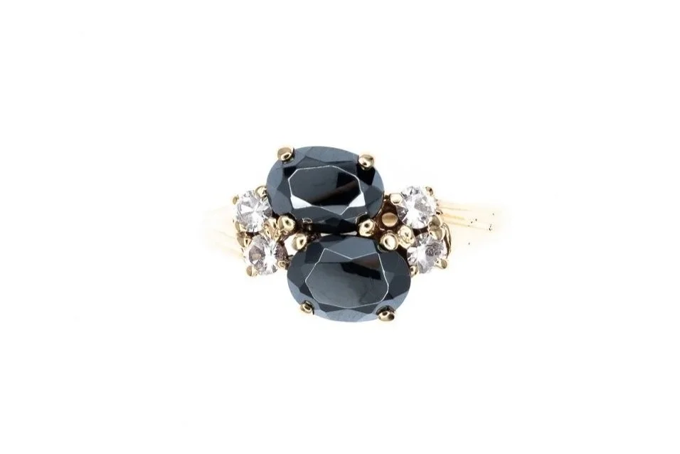 (T)Yellow Gold Synthetic White Spinel Hematite Gemstone Ring