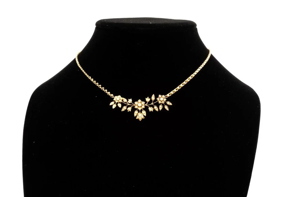(F)Yellow Gold Seed Pearl Fancy Link Floral Carved Pendant