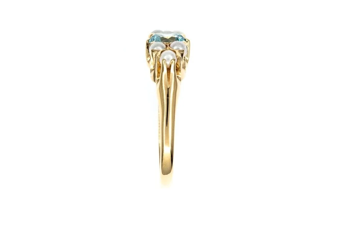 (S)Yellow Gold Seed Pearl Blue Zircon Birks Designer Cluster Ring