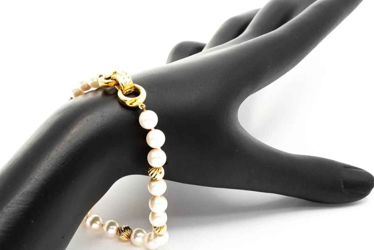 (W)Yellow Gold Corrugated Beads Diamond Akoya Cultured Pearl Bracelet