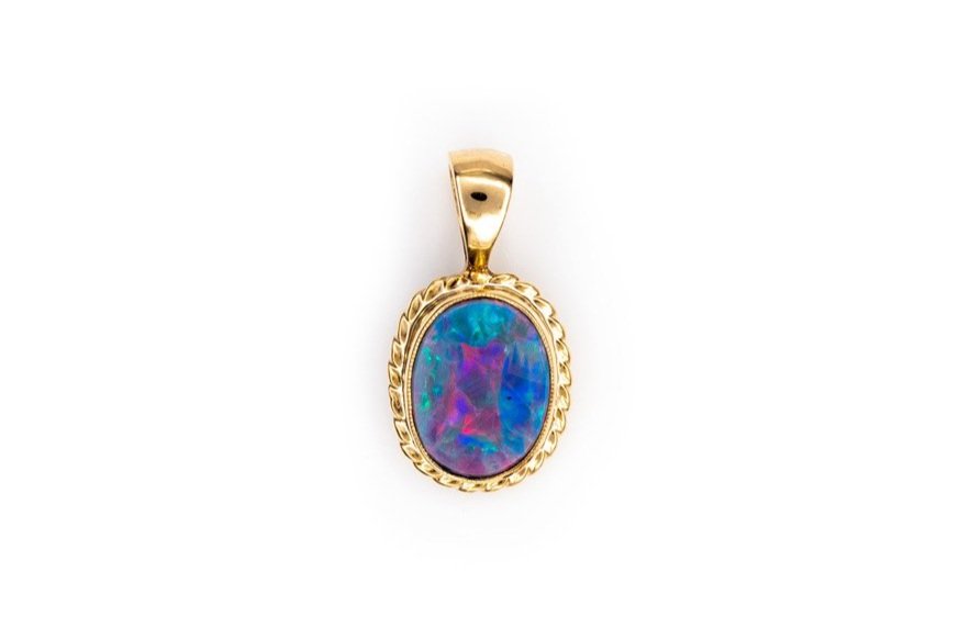 (T)Yellow Gold Solitaire Opal Doublet Drop Pendant