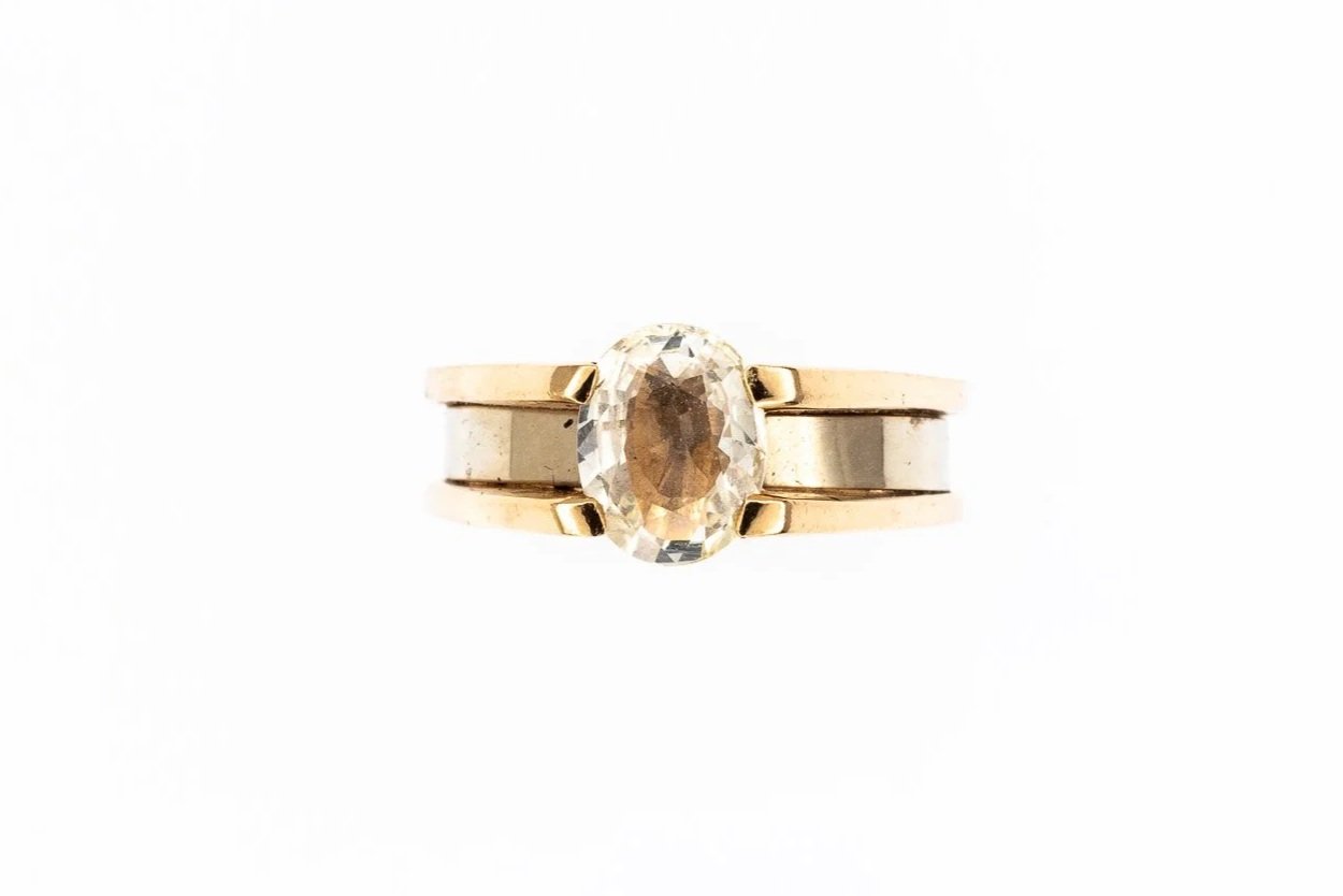 (T)Yellow White Gold Solitaire White Sapphire Gemstone Ring
