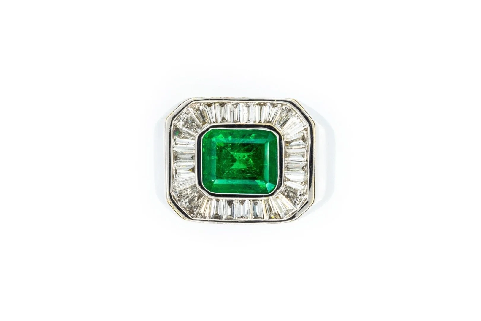 (T)White Gold Emerald Baguette Cut Diamond Gemstone Ring
