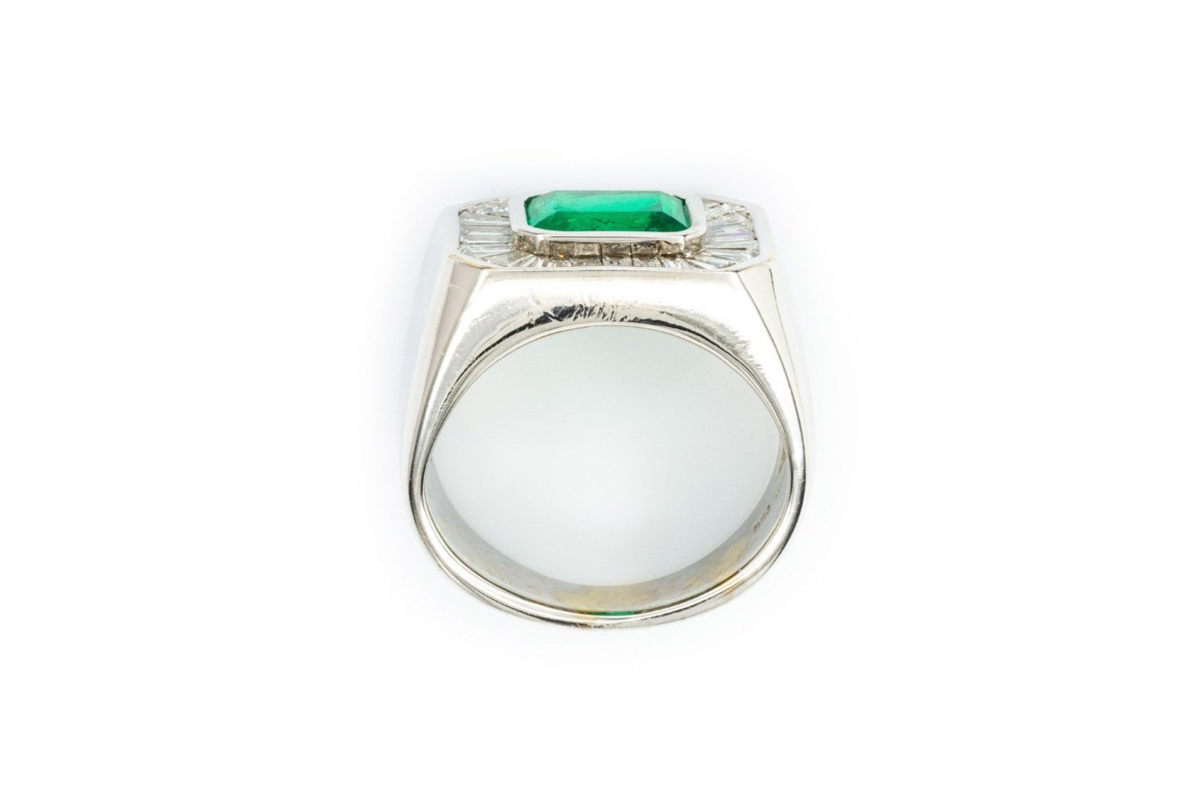 (F)White Gold Emerald Baguette Cut Diamond Gemstone Ring