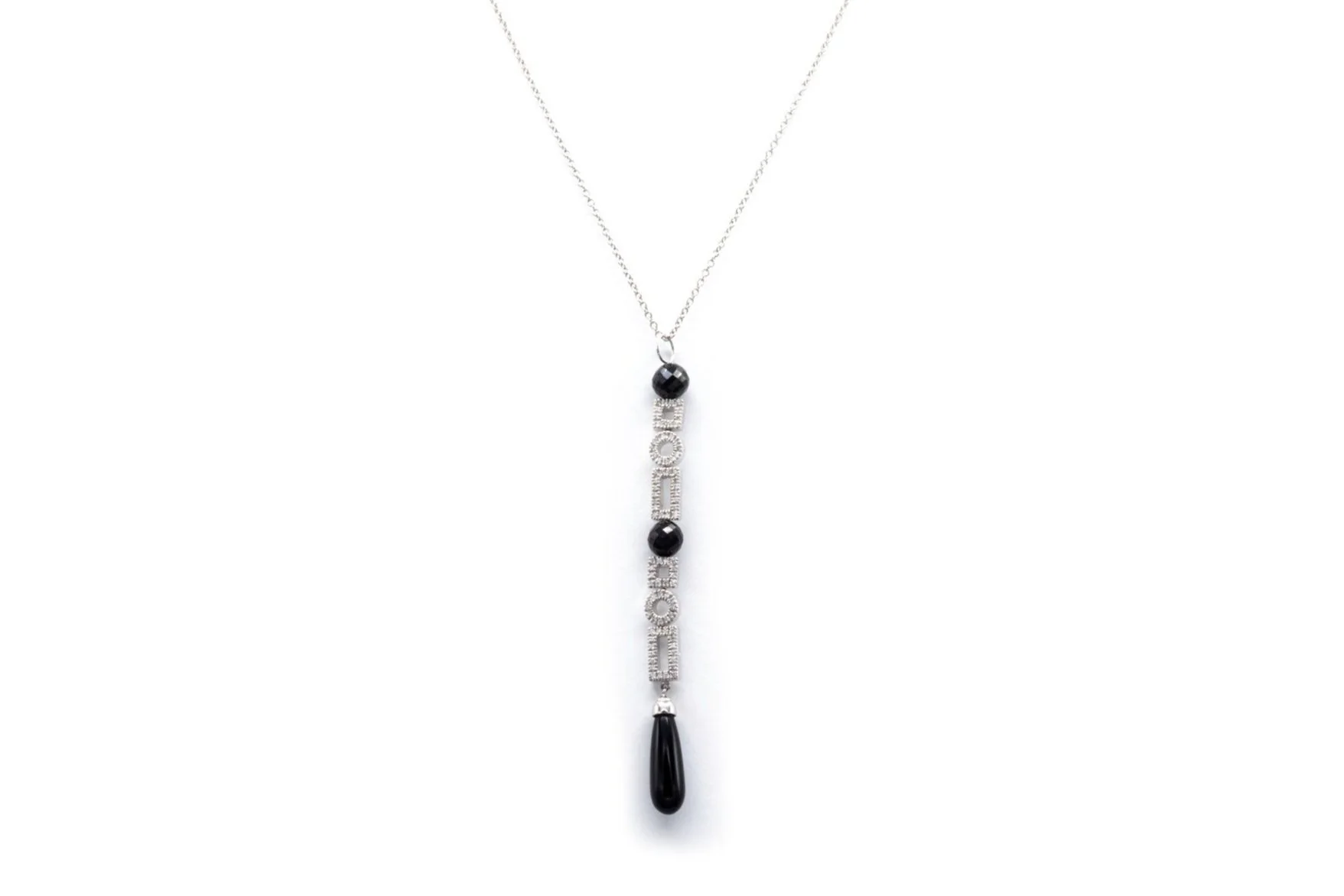 (T)White Gold Diamond Black Onyx Linear Drop Pendant Necklace