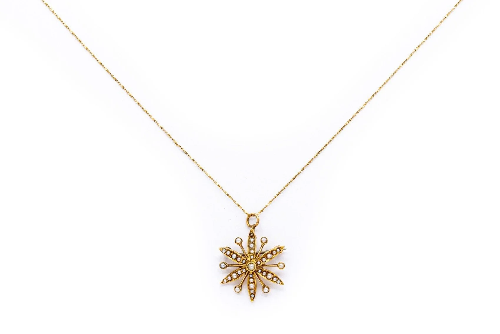 (T)Yellow Gold Seed Pearl Floral Motif Pendant Necklace