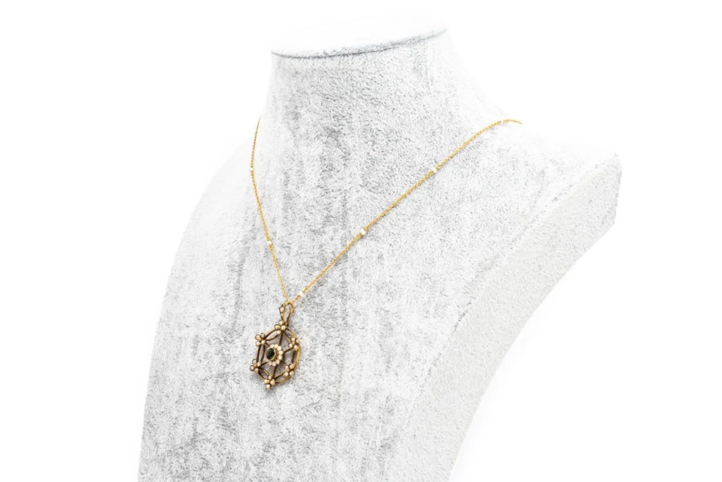 (S)Yellow Gold Green Tourmaline Seed Pearl Antique Drop Dangle Pendant
