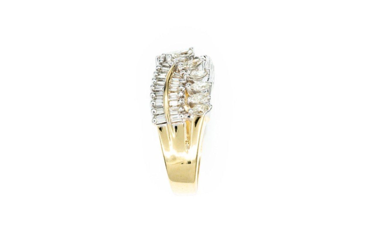 (S)Yellow Gold Marquise Baguette Cut Multi Diamond Ring