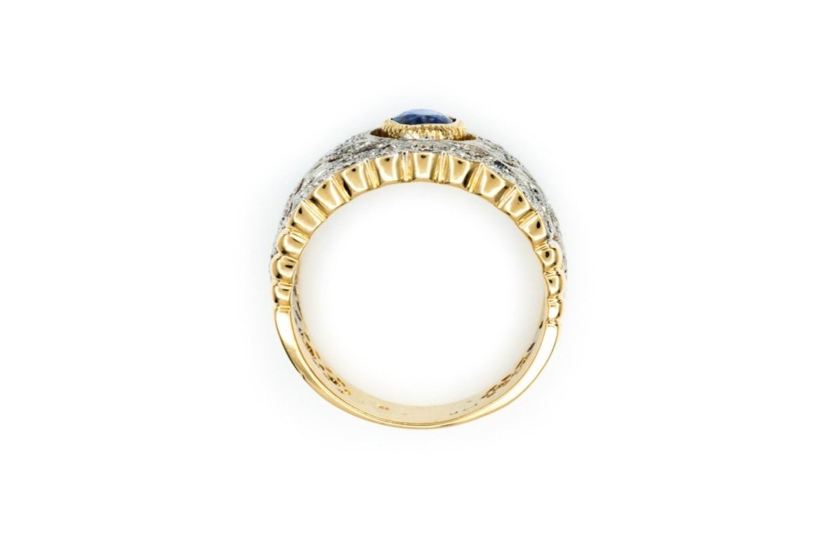(F)Yellow Gold Round Brilliant Cut Diamond Sapphire Gemstone Ring