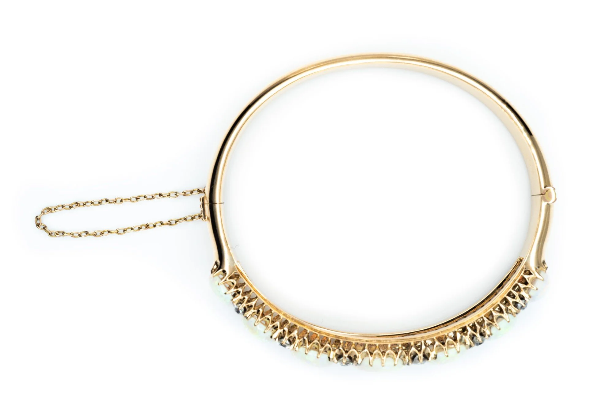 (T)Yellow Gold White Opal Diamond Hinged Bangle Bracelet