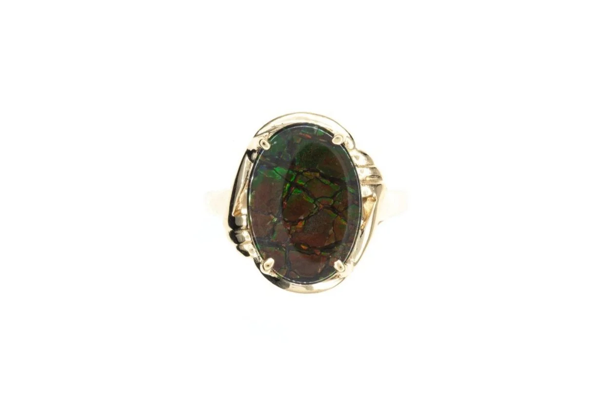 (T)Yellow Gold Solitaire Ammolite Triplet Gemstone Ring