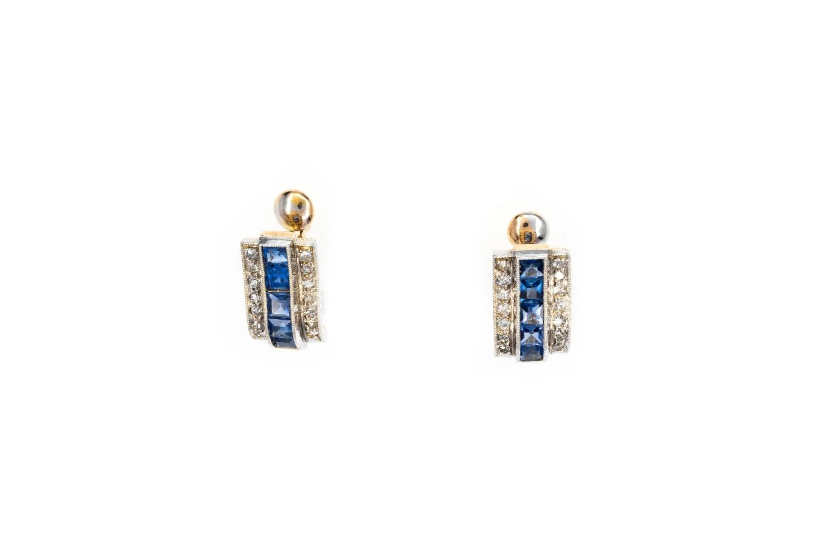 (T)Yellow Gold Platinum Diamond Sapphire Lever Back Stud Earrings