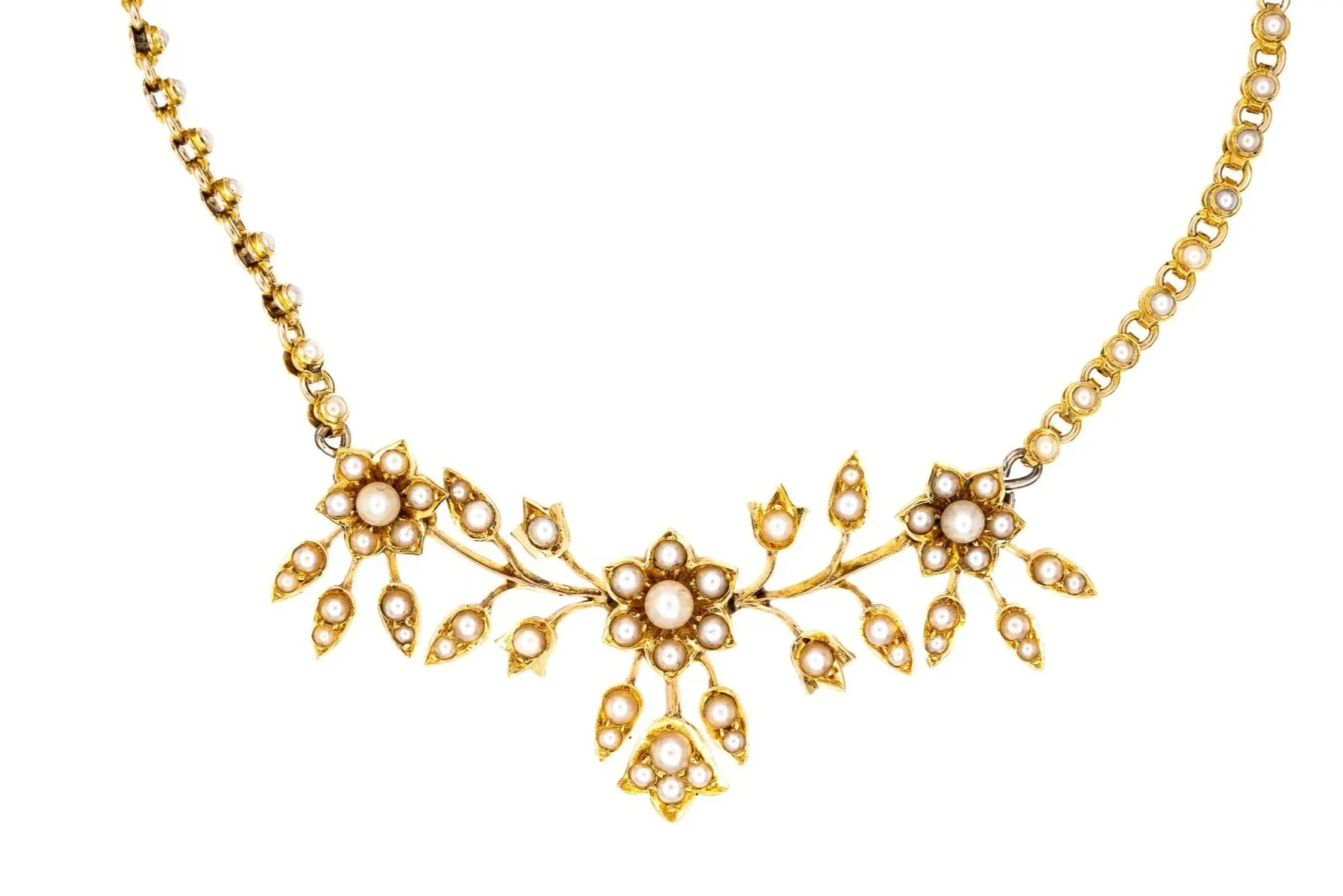 (F)Yellow Gold Seed Pearl Fancy Link Floral Carved Pendant
