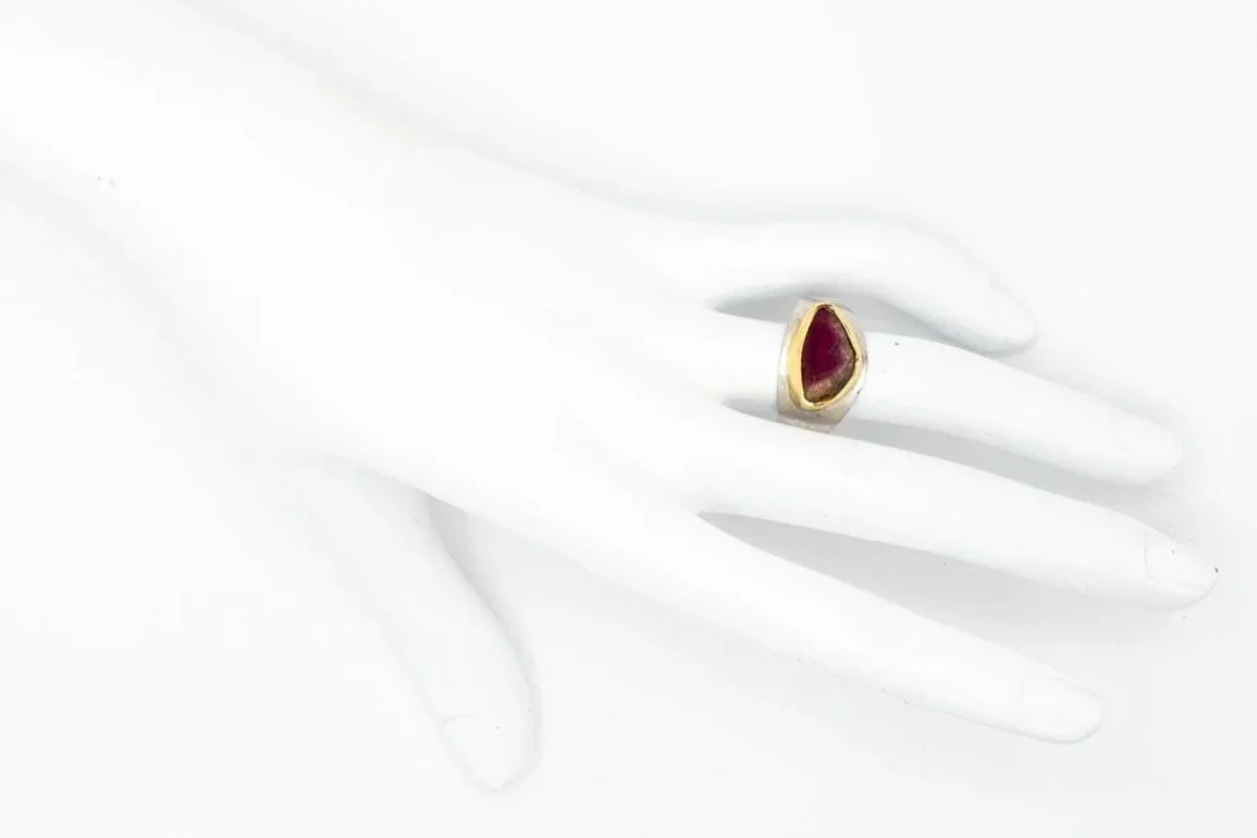 (Hb)Yellow Gold Sterling Silver Solitaire Watermelon Tourmaline Gemstone Ring