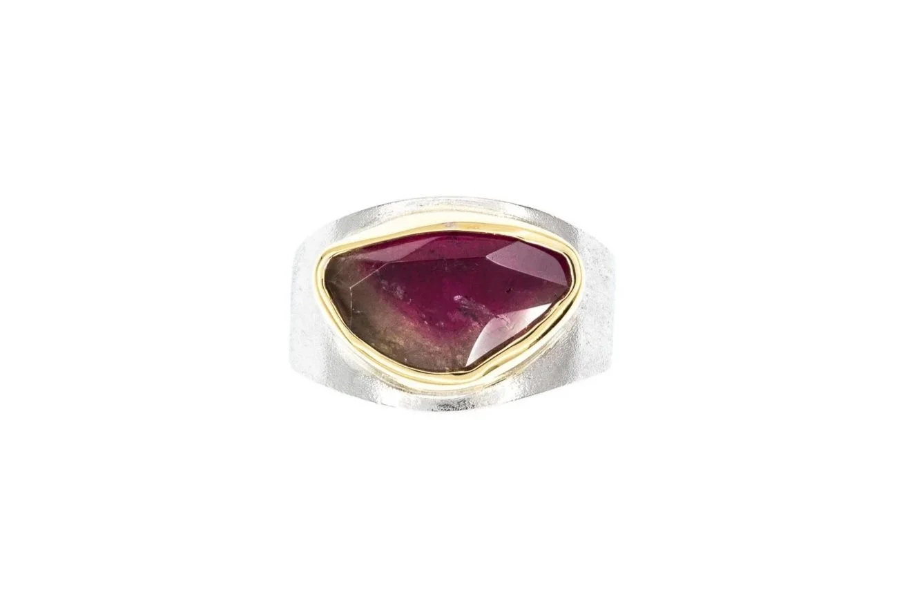(T)Yellow Gold Sterling Silver Solitaire Watermelon Tourmaline Gemstone Ring