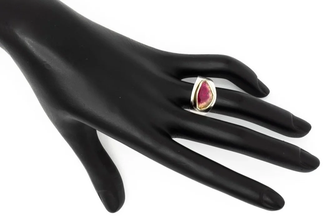 (H)Yellow Gold Sterling Silver Solitaire Watermelon Tourmaline Gemstone Ring