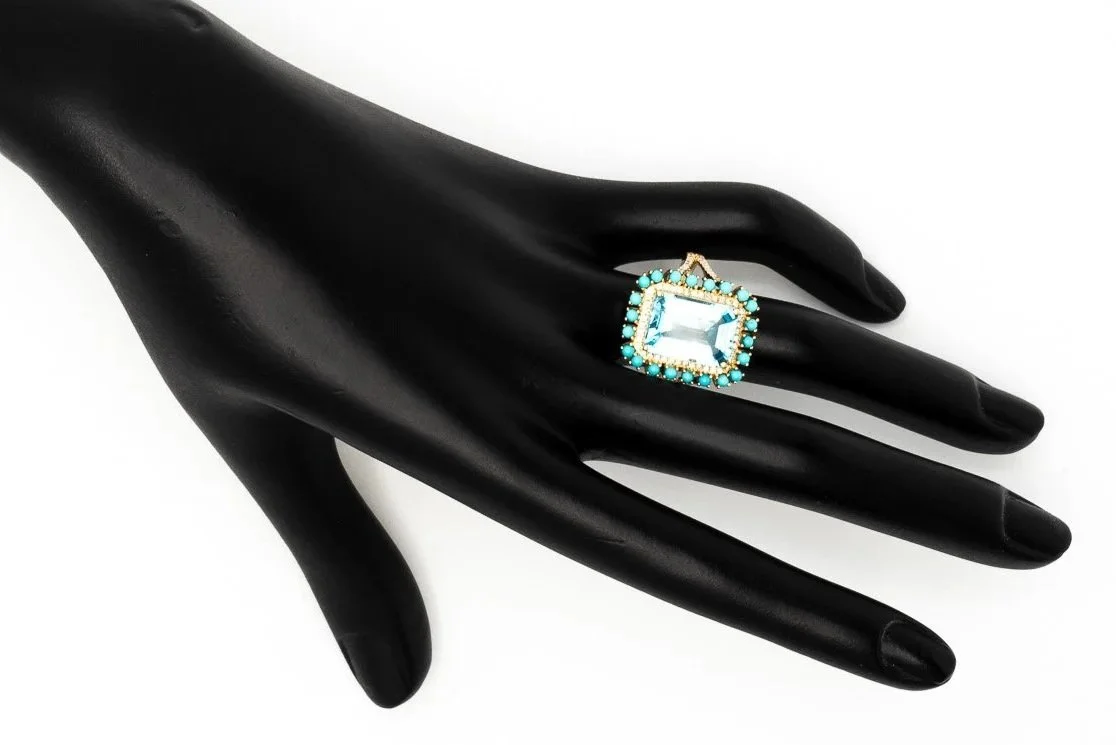 (H)Yellow Gold Diamond Turquoise Blue Topaz Gemstone Ring