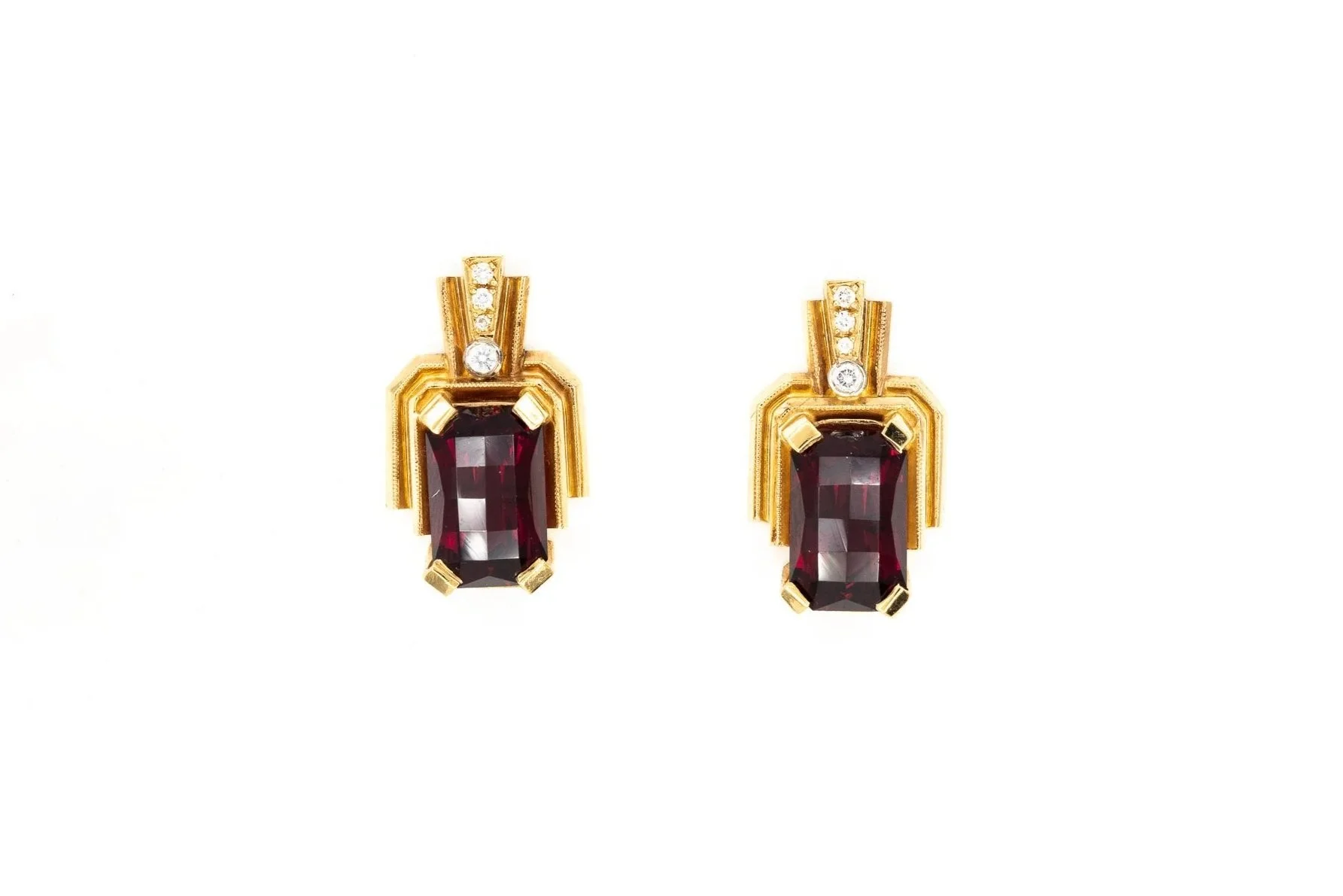 (T)Yellow White Gold Diamond Rhodolite Garnet Drop Stud Earrings