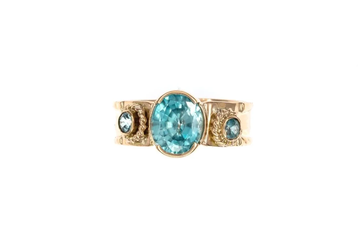 (T)Rose Gold Blue Zircon Three Stone Gemstone Ring