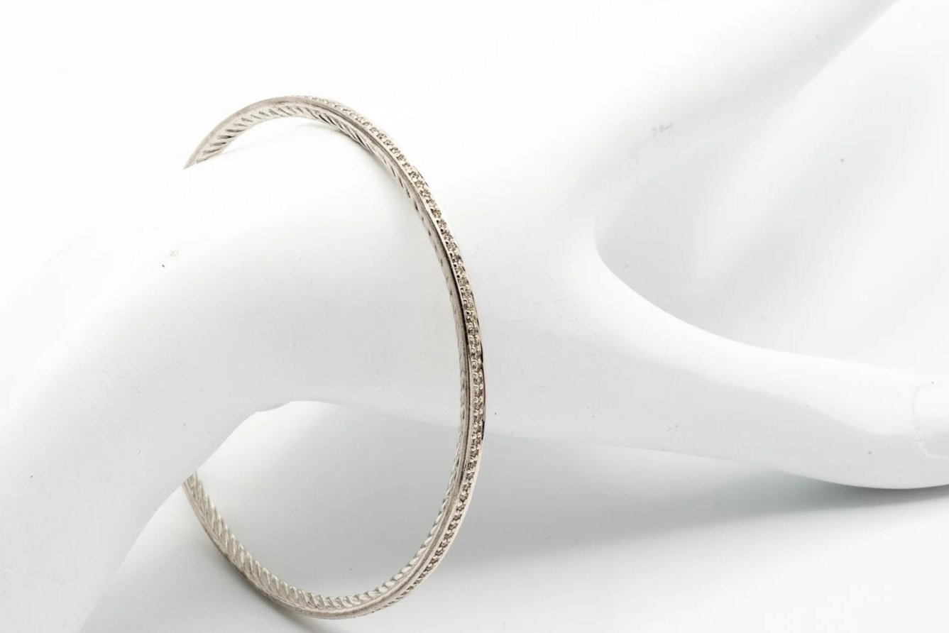 (W)Sterling Silver Round Brilliant Cut Diamond David Yurman Designer Bangle Bracelet