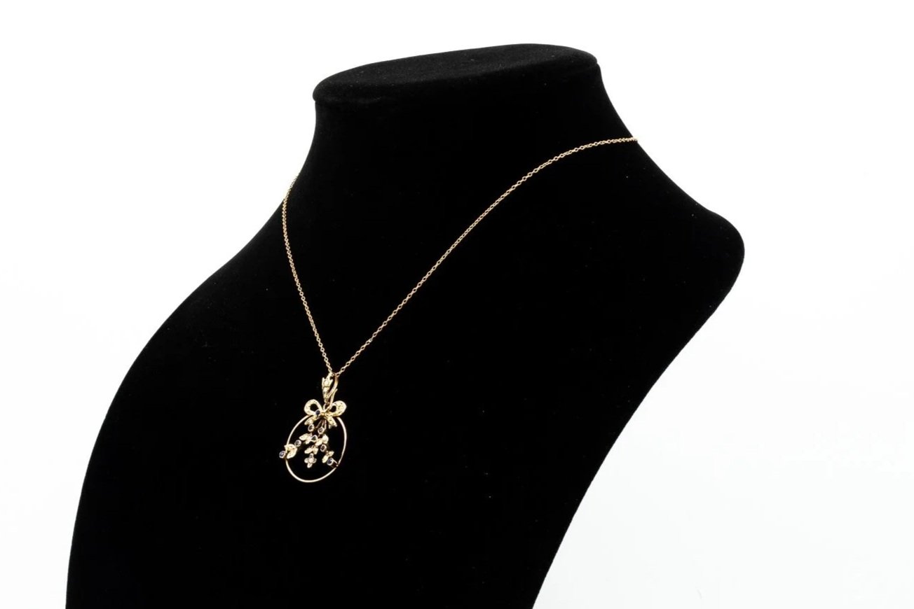 (S)Yellow Gold Seed Pearl Sapphire Birks Floral Motif Pendant Necklace