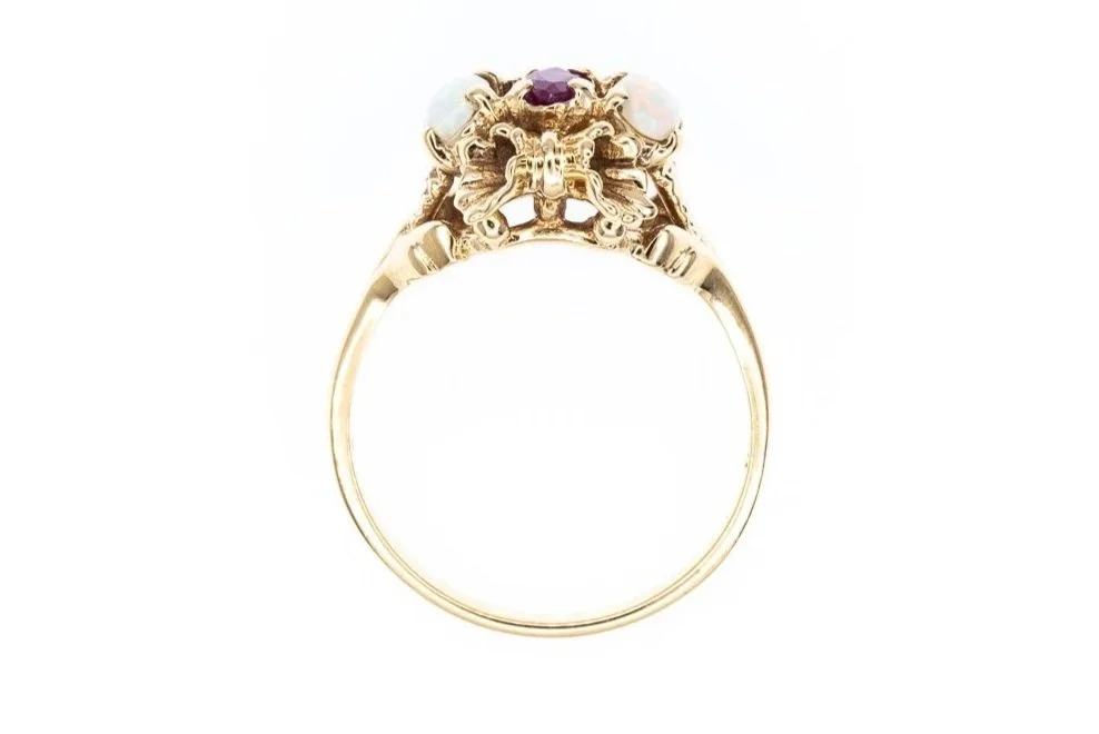 (F)Yellow Gold Pink Sapphire White Opal Cluster Gemstone Ring