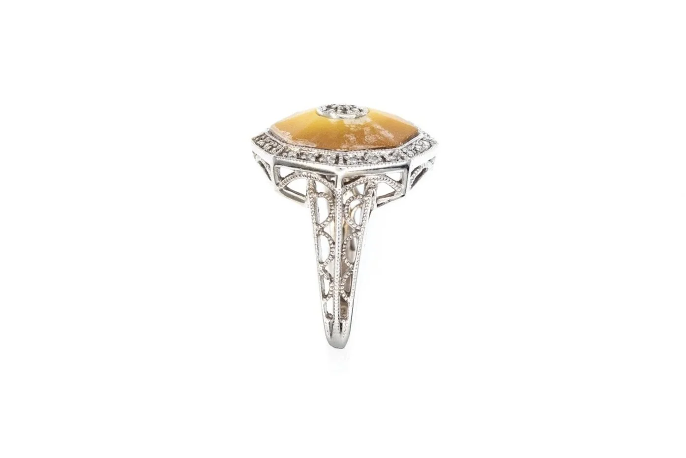 (S)White Gold Diamond Mother of Pearl Gemstone Ring