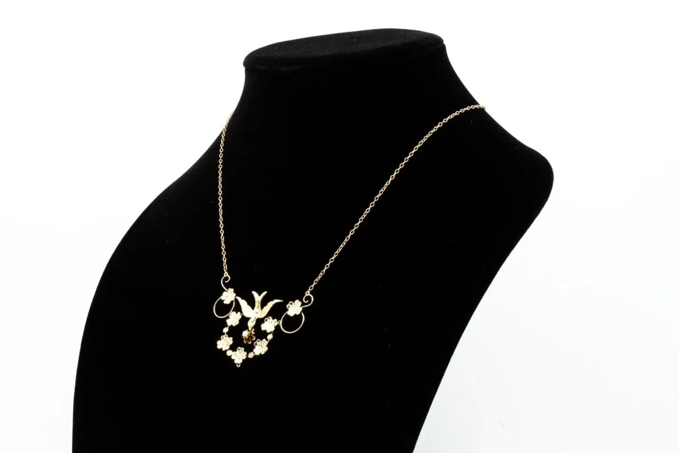 (S)Yellow Gold Seed Pearl Birks Floral and Bird Motif Pendant