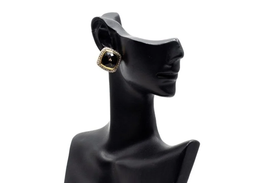 (F)Sterling Silver Yellow Gold Diamond Smoky Quartz Stud Earrings
