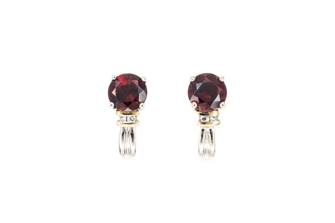 (T)White Yellow Gold Diamond Almandine Garnet Drop Stud Earrings