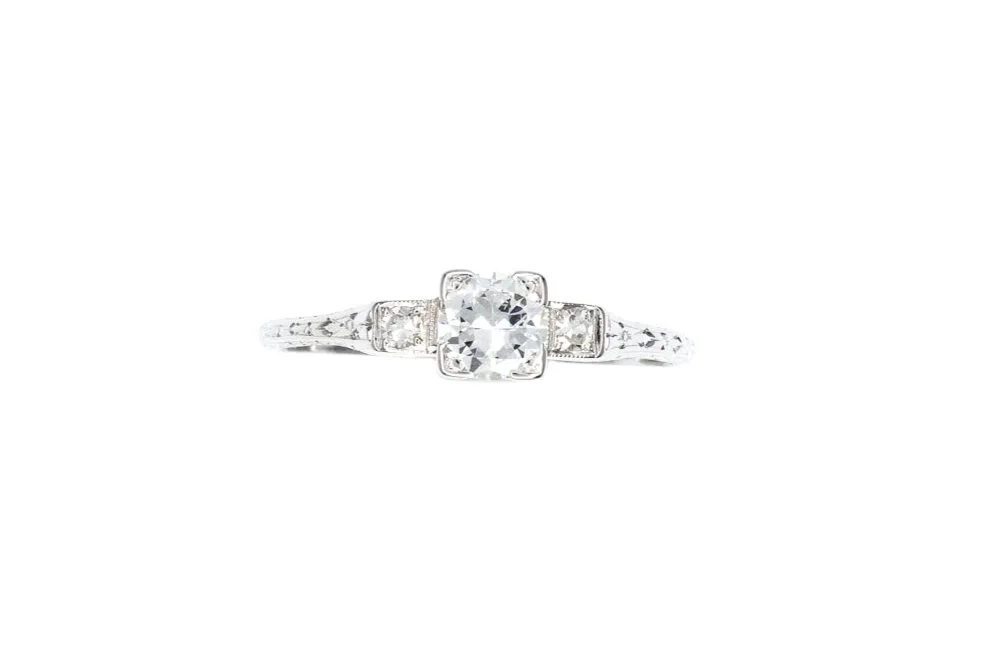 (T)White Gold Old European Cut Diamond Three Stone Antique Engagement Ring