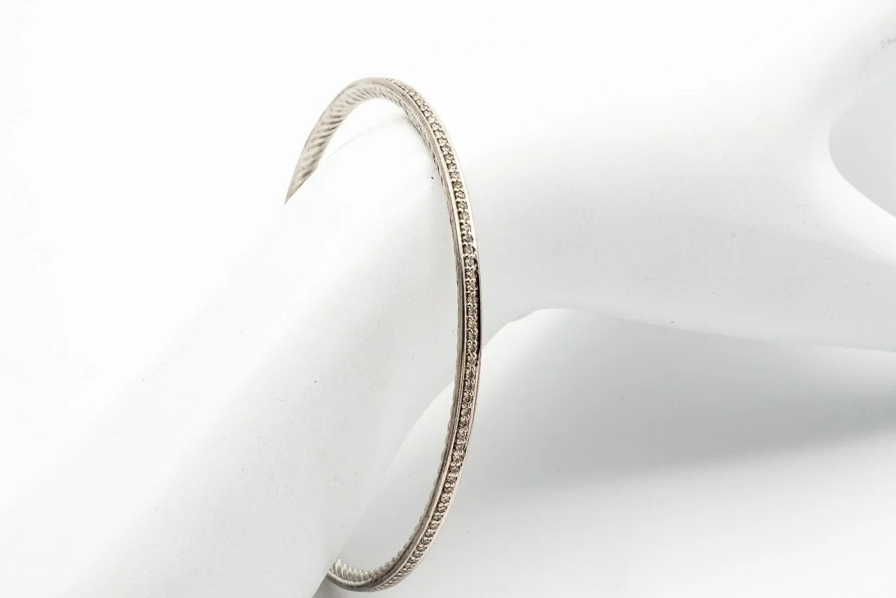 (W)Sterling Silver Round Brilliant Cut Diamond David Yurman Designer Bangle Bracelet