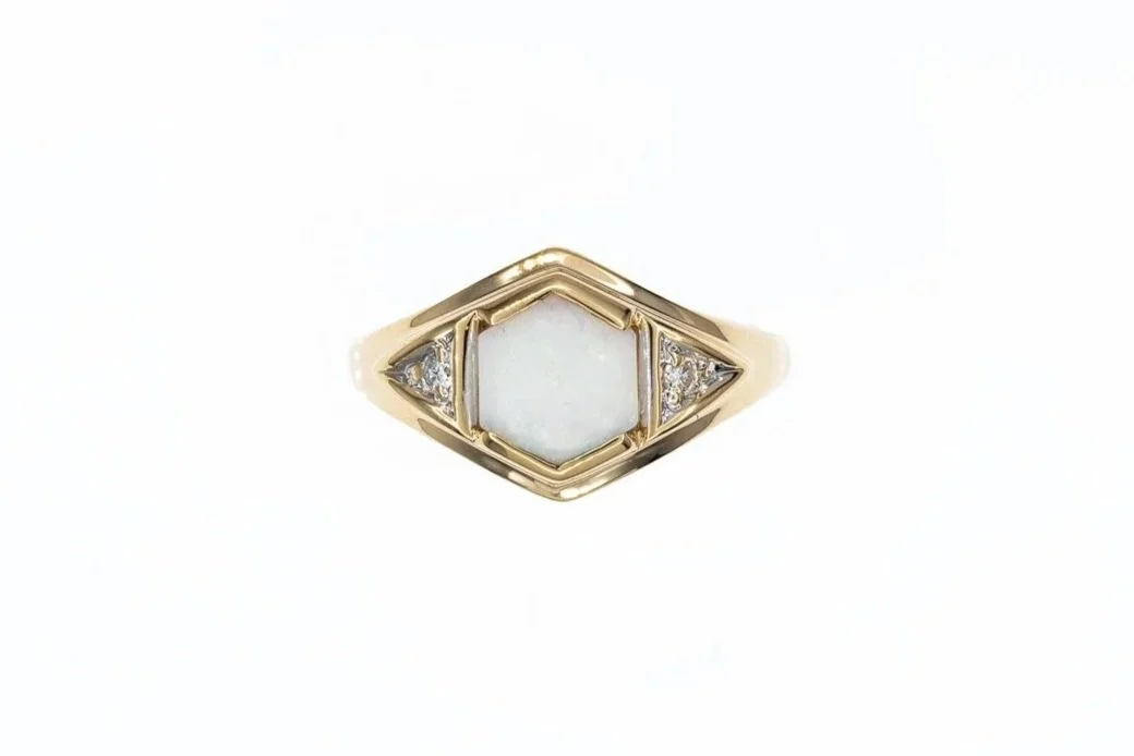 (T)Yellow Gold Diamond White Opal Gemstone Ring
