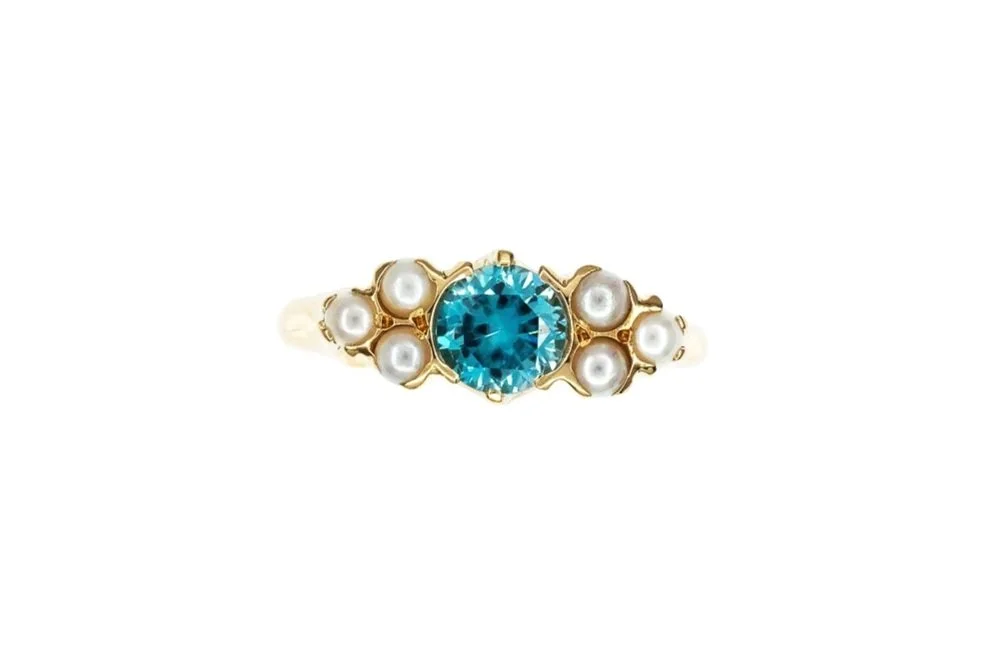 (T)Yellow Gold Seed Pearl Blue Zircon Birks Designer Cluster Ring